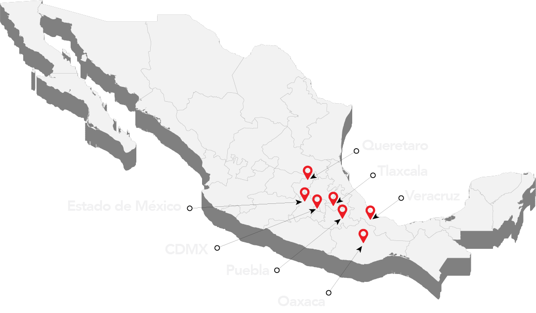 Mapa de cobertura de SELI: sede en Puebla; Estado de México, CDMX, Tlaxcala, Veracruz, Oaxaca y Querétaro